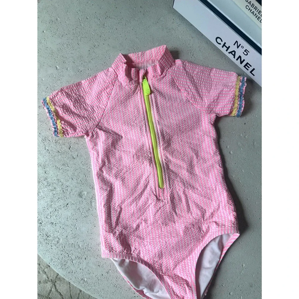 Crewcuts Girls Seersucker Short-sleeve One Piece Rash Guard Swimsuit UPF 50+ 4 5